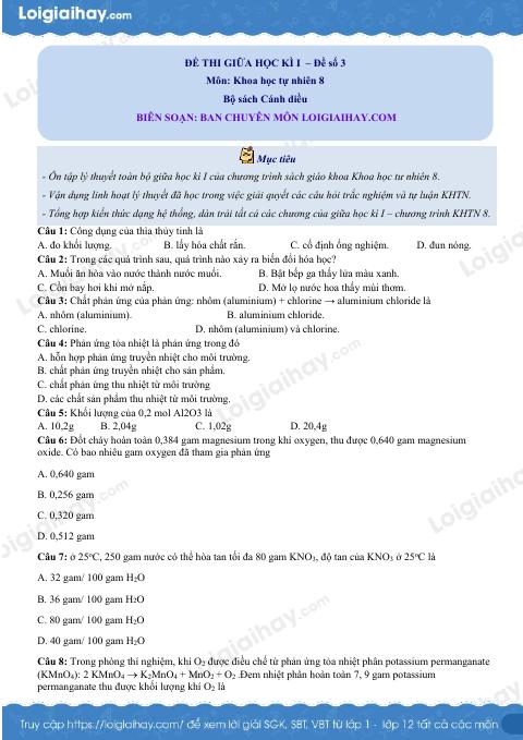 Đề thi giữa kì I KHTN 8 Cánh diều - Đề số 3